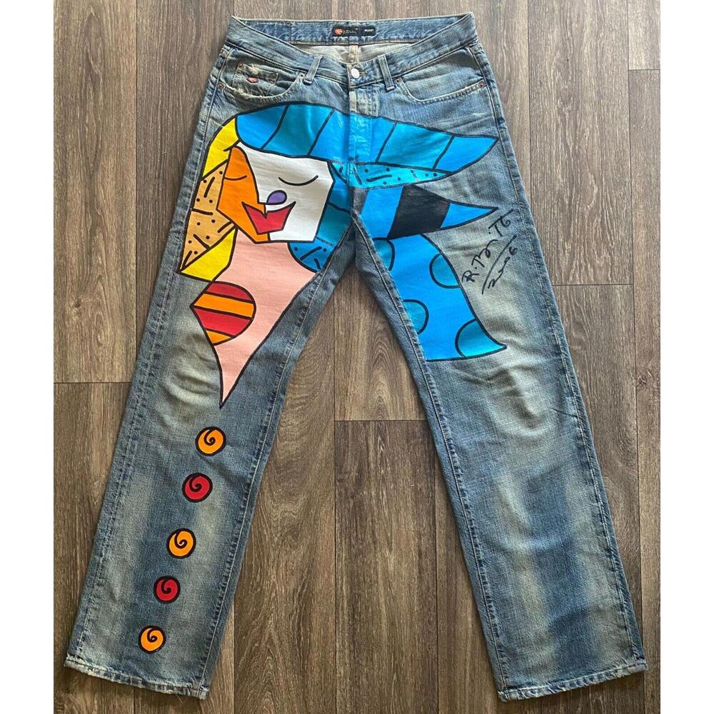 Denim Art Painted Wide Leg Jeans Hand Painted and Signed by Artist Romero Britto